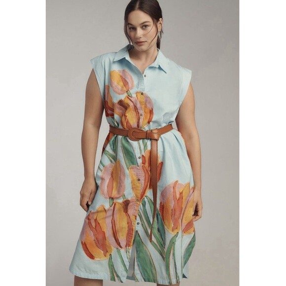 Anthropologie The Lillian Button-Front Midi Dress By Maeve Sz L Blue - Picture 1 of 9